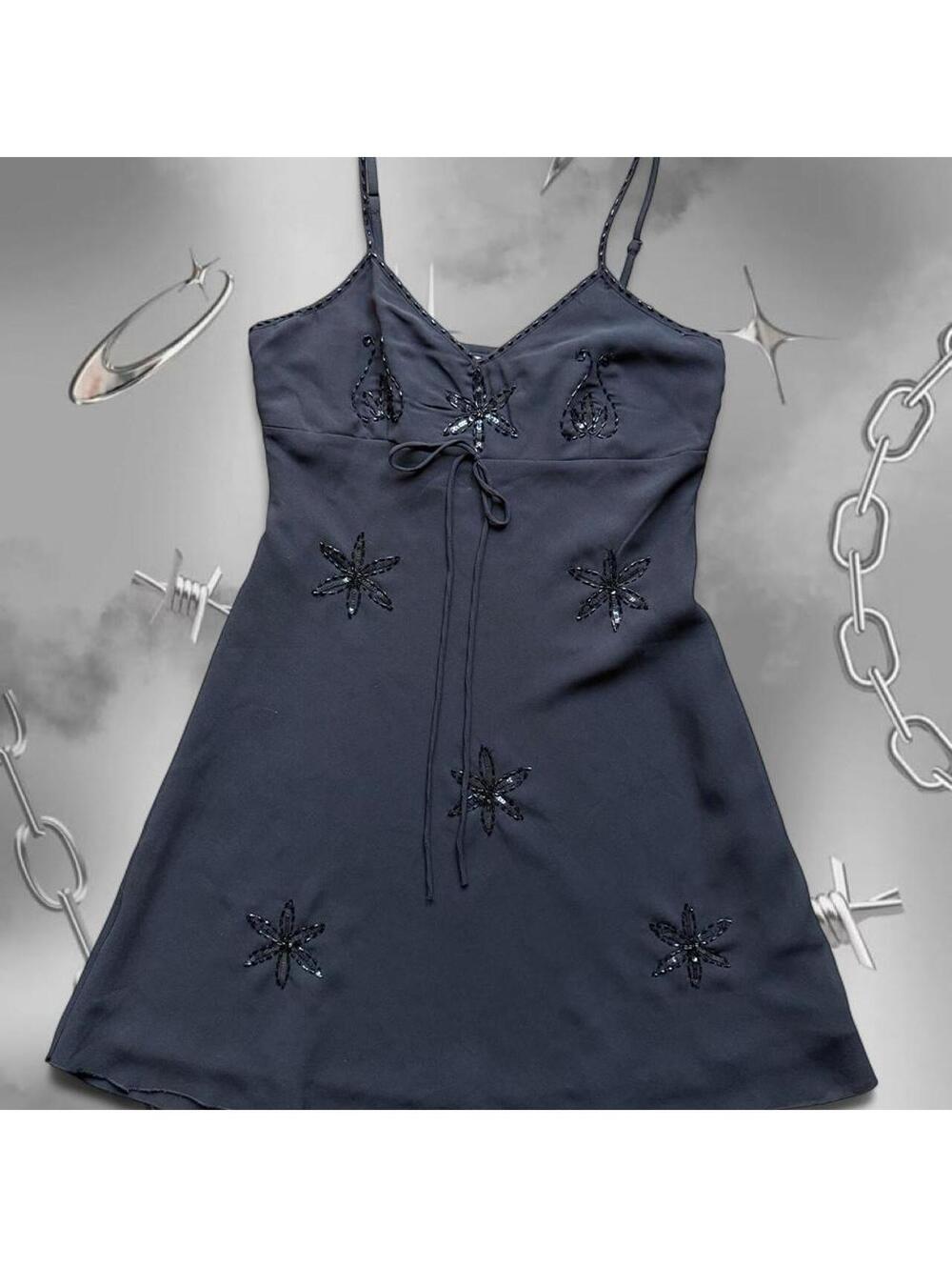 90s Vintage Whimsygoth Gothic Black Floral Beaded Cami Mini Dress LG